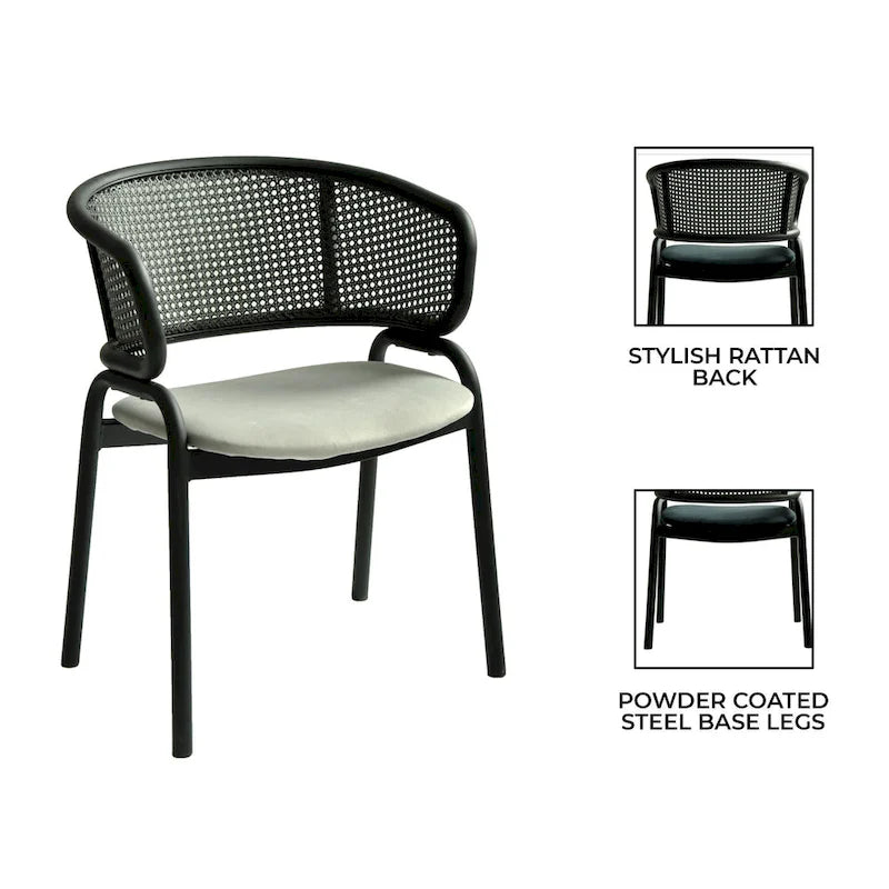 Grey / Beige / Navy Blue / Black Upholstered Dining Chair, Rattan Back with Iron Legs