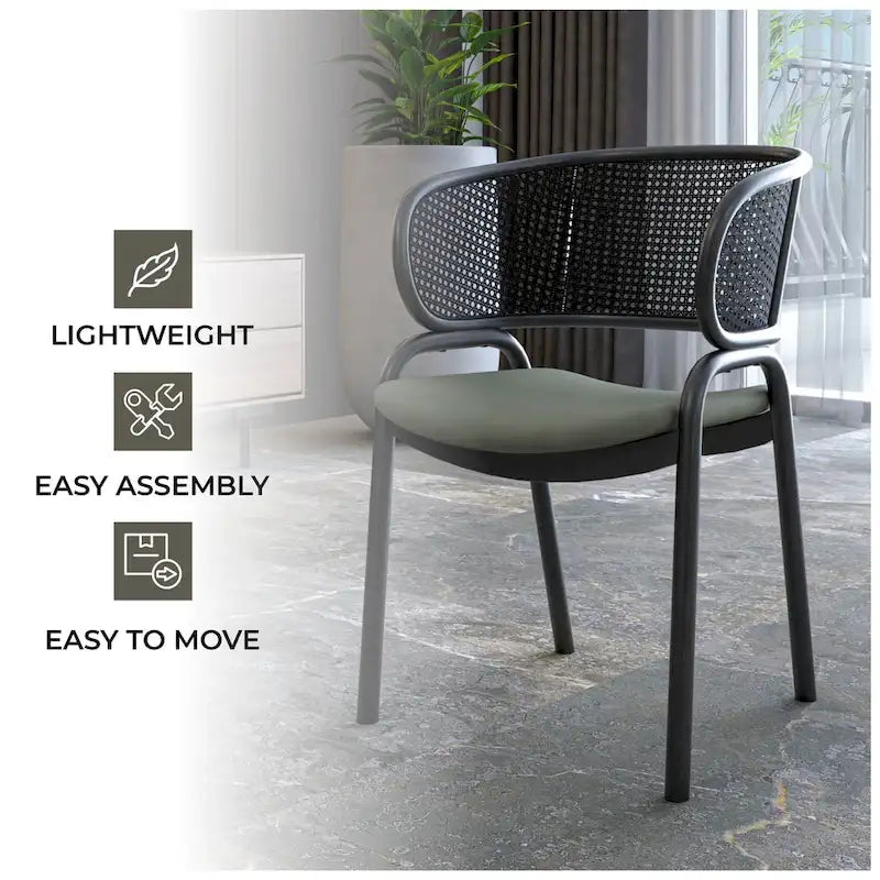 Grey / Beige / Navy Blue / Black Upholstered Dining Chair, Rattan Back with Iron Legs