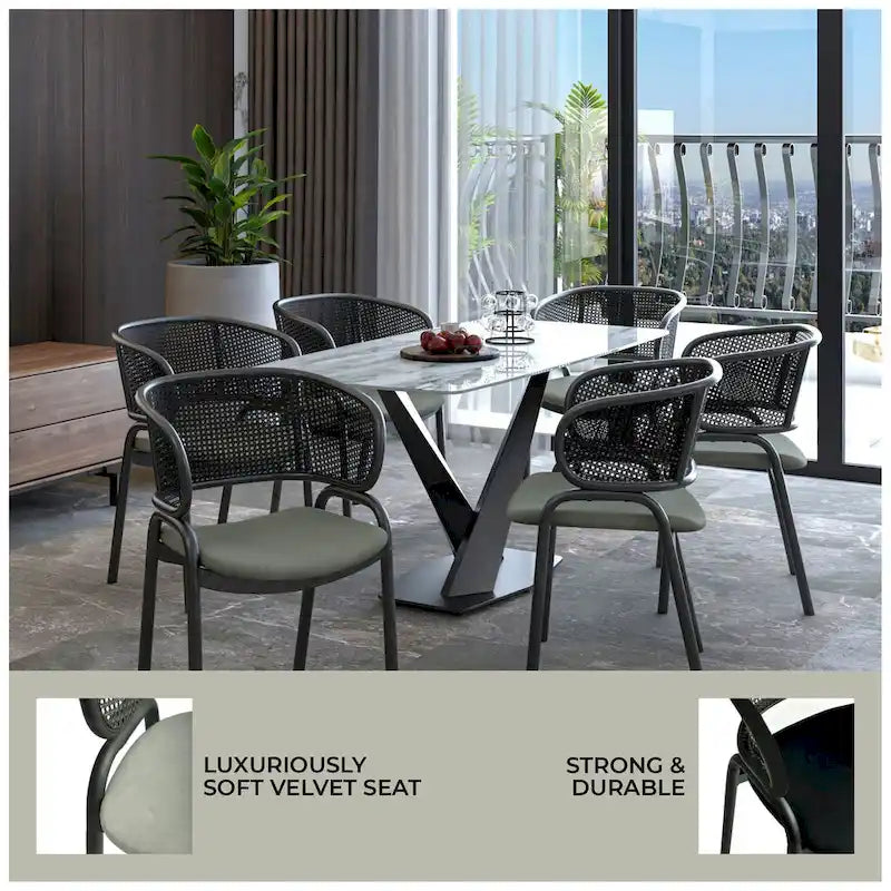 Grey / Beige / Navy Blue / Black Upholstered Dining Chair, Rattan Back with Iron Legs
