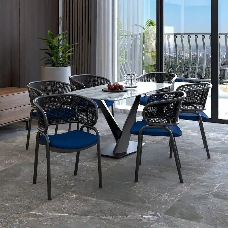 Grey / Beige / Navy Blue / Black Upholstered Dining Chair, Rattan Back with Iron Legs