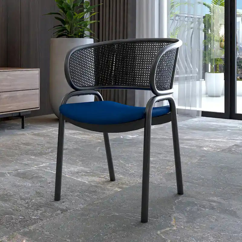 Grey / Beige / Navy Blue / Black Upholstered Dining Chair, Rattan Back with Iron Legs