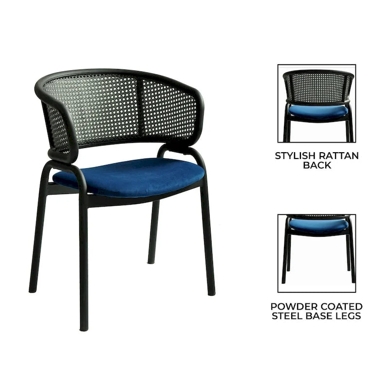 Grey / Beige / Navy Blue / Black Upholstered Dining Chair, Rattan Back with Iron Legs
