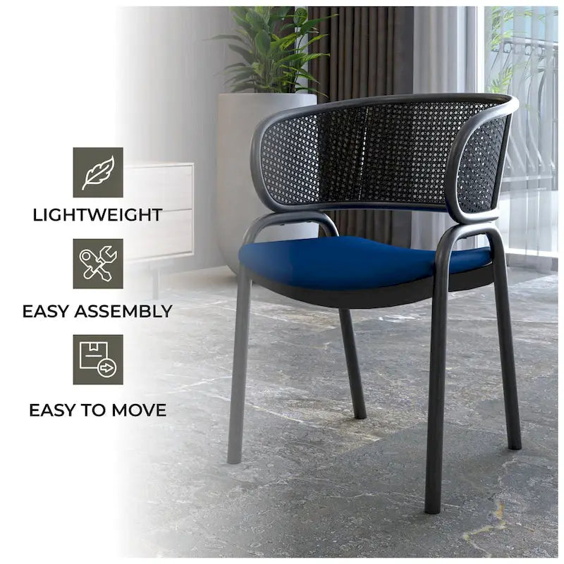 Grey / Beige / Navy Blue / Black Upholstered Dining Chair, Rattan Back with Iron Legs
