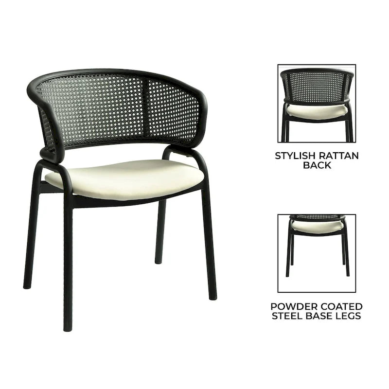 Grey / Beige / Navy Blue / Black Upholstered Dining Chair, Rattan Back with Iron Legs