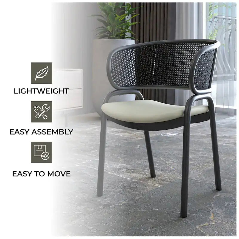 Grey / Beige / Navy Blue / Black Upholstered Dining Chair, Rattan Back with Iron Legs