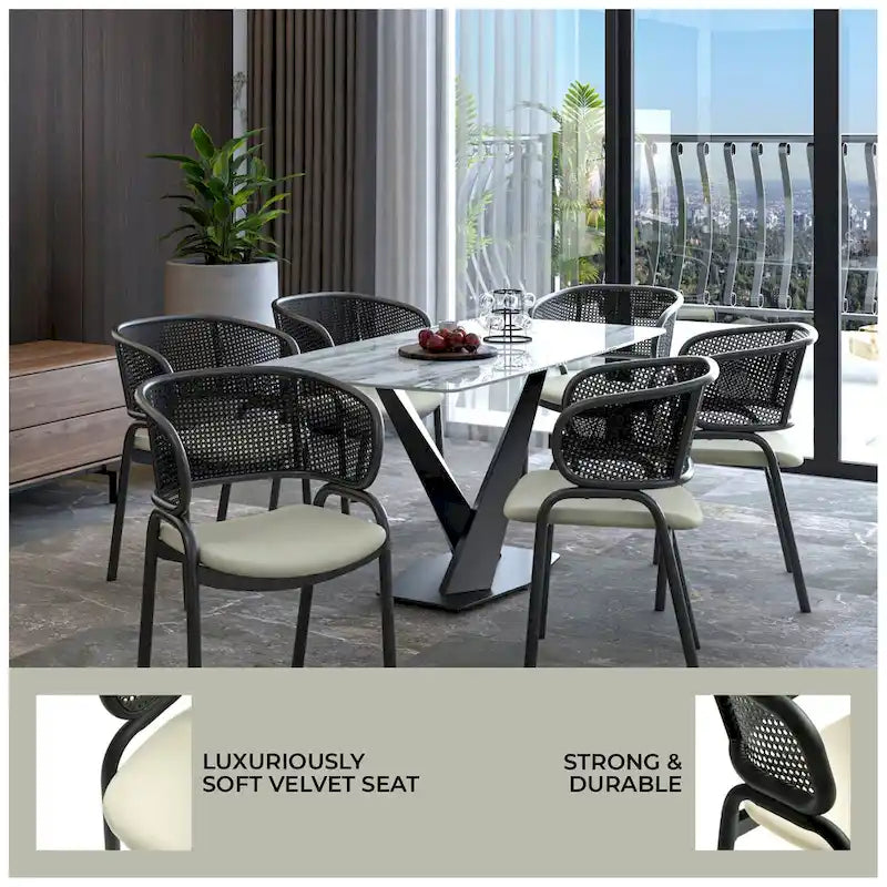 Grey / Beige / Navy Blue / Black Upholstered Dining Chair, Rattan Back with Iron Legs