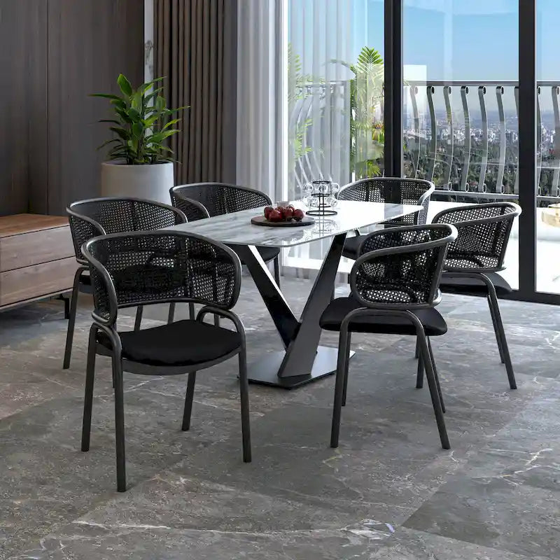 Grey / Beige / Navy Blue / Black Upholstered Dining Chair, Rattan Back with Iron Legs