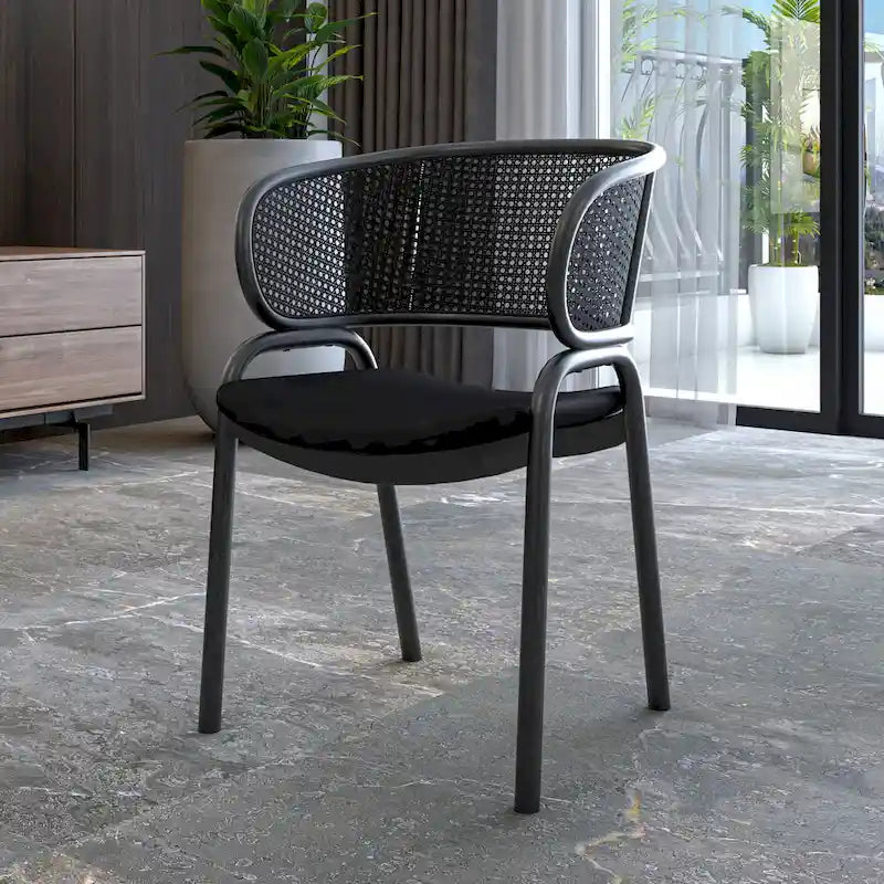 Grey / Beige / Navy Blue / Black Upholstered Dining Chair, Rattan Back with Iron Legs