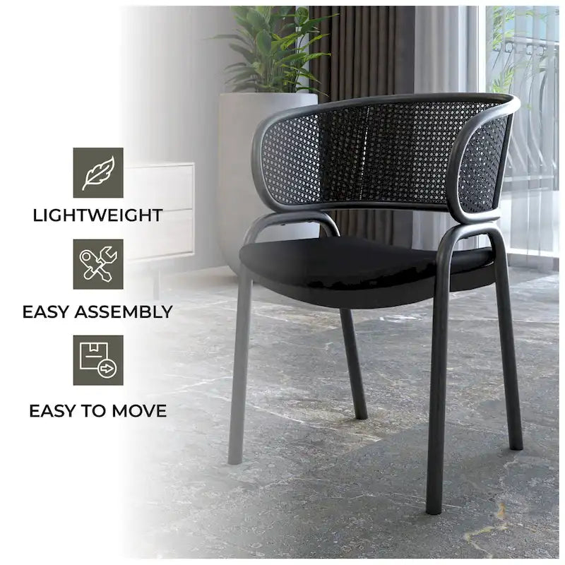 Grey / Beige / Navy Blue / Black Upholstered Dining Chair, Rattan Back with Iron Legs