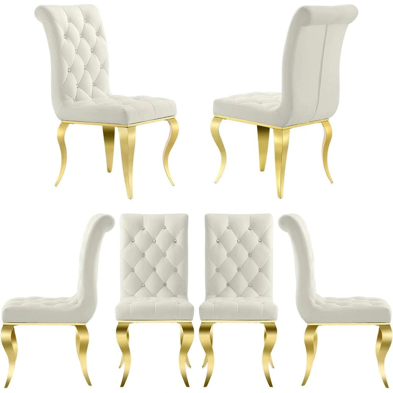 White Velvet Button-Tufted Dining Chair with Gold Legs, Set of 2/4/6