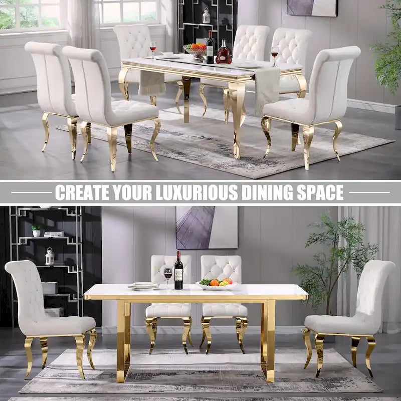 White Velvet Button-Tufted Dining Chair with Gold Legs, Set of 2/4/6