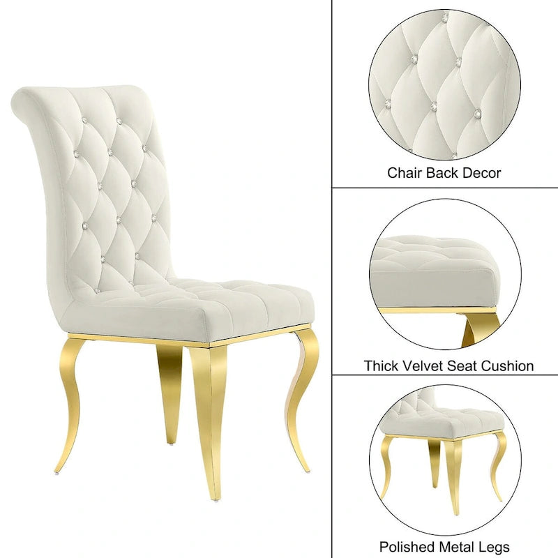 White Velvet Button-Tufted Dining Chair with Gold Legs, Set of 2/4/6