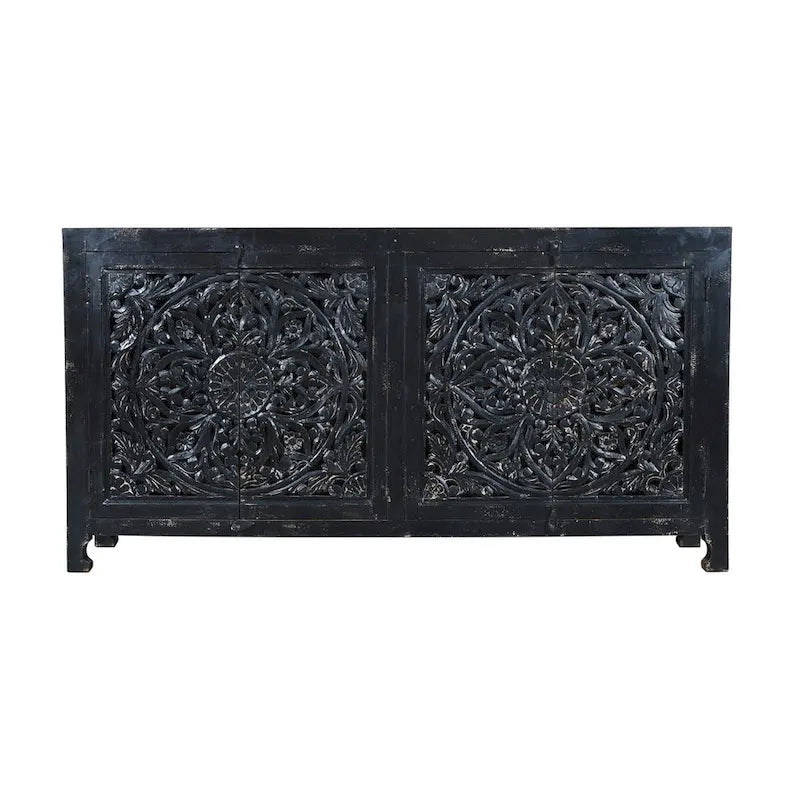 Black Handcarved 4-Door Sideboard Cabinet