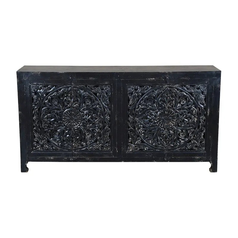Black Handcarved 4-Door Sideboard Cabinet