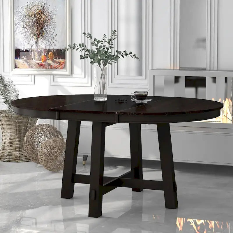 Espresso / Natural Round Extendable Dining Table, X-Base Farmhouse Style