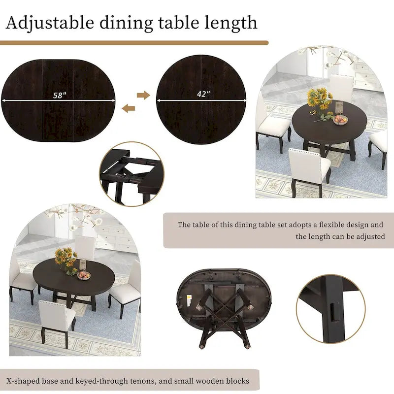 Espresso / Natural Round Extendable Dining Table, X-Base Farmhouse Style
