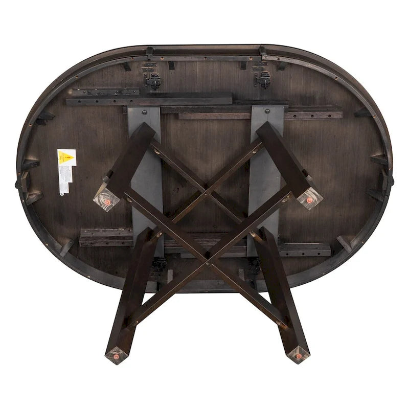 Espresso / Natural Round Extendable Dining Table, X-Base Farmhouse Style