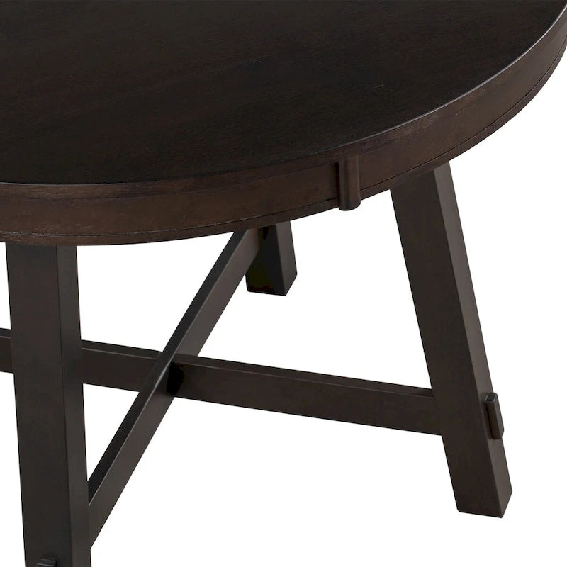 Espresso / Natural Round Extendable Dining Table, X-Base Farmhouse Style