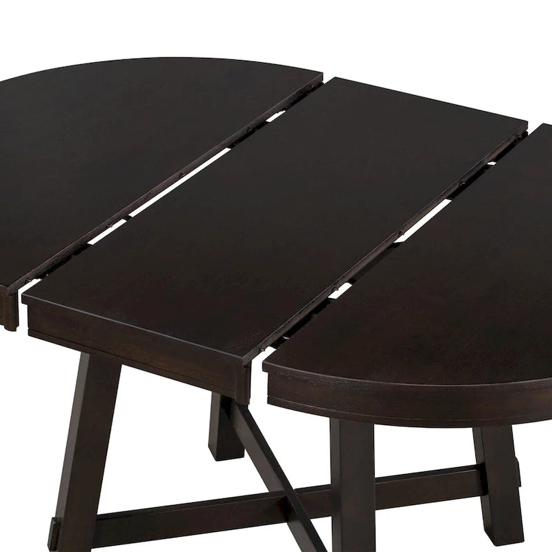 Espresso / Natural Round Extendable Dining Table, X-Base Farmhouse Style