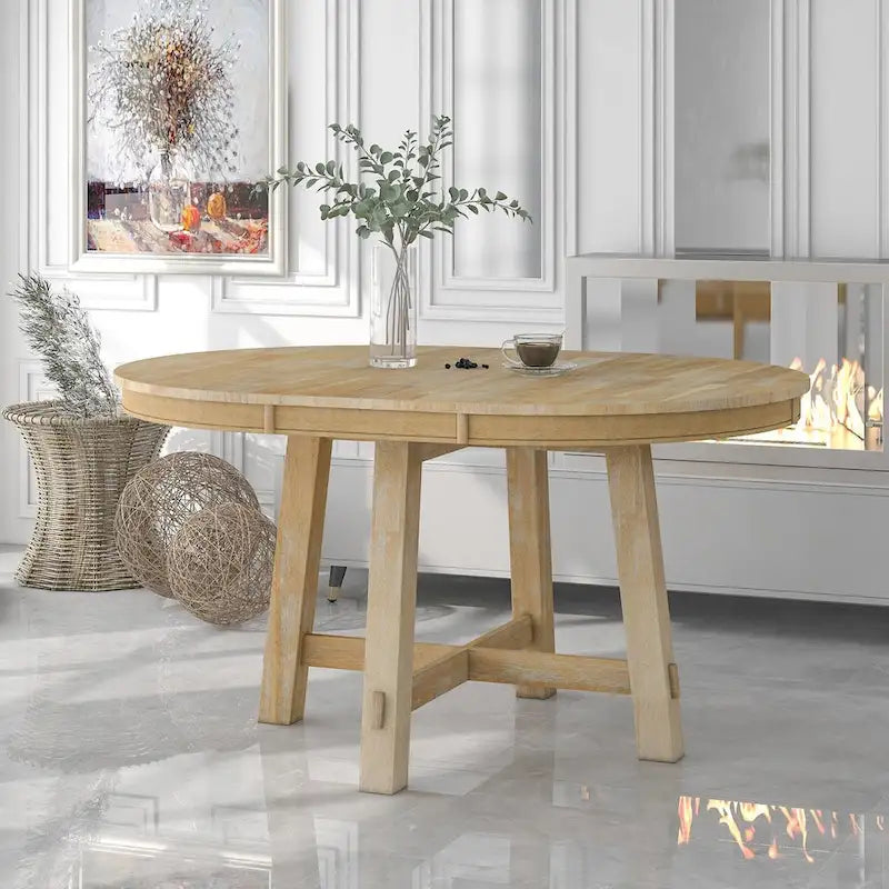 Espresso / Natural Round Extendable Dining Table, X-Base Farmhouse Style