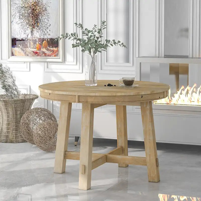 Espresso / Natural Round Extendable Dining Table, X-Base Farmhouse Style