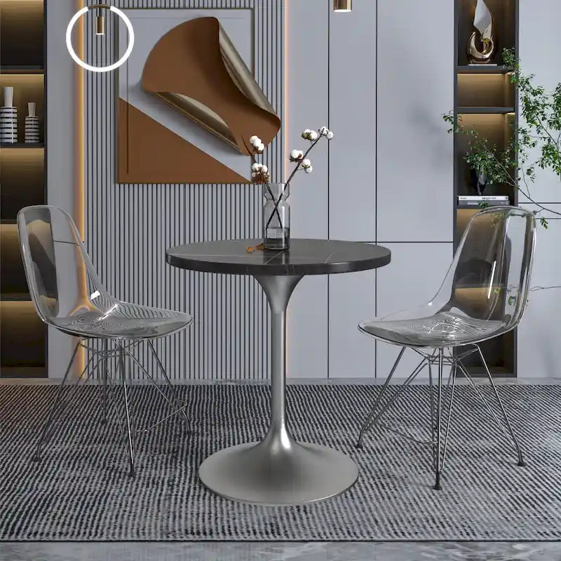 Grey / White / Black Round Sintered Stone Dining Table, Steel Pedestal Base