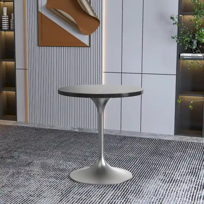 Grey / White / Black Round Sintered Stone Dining Table, Steel Pedestal Base