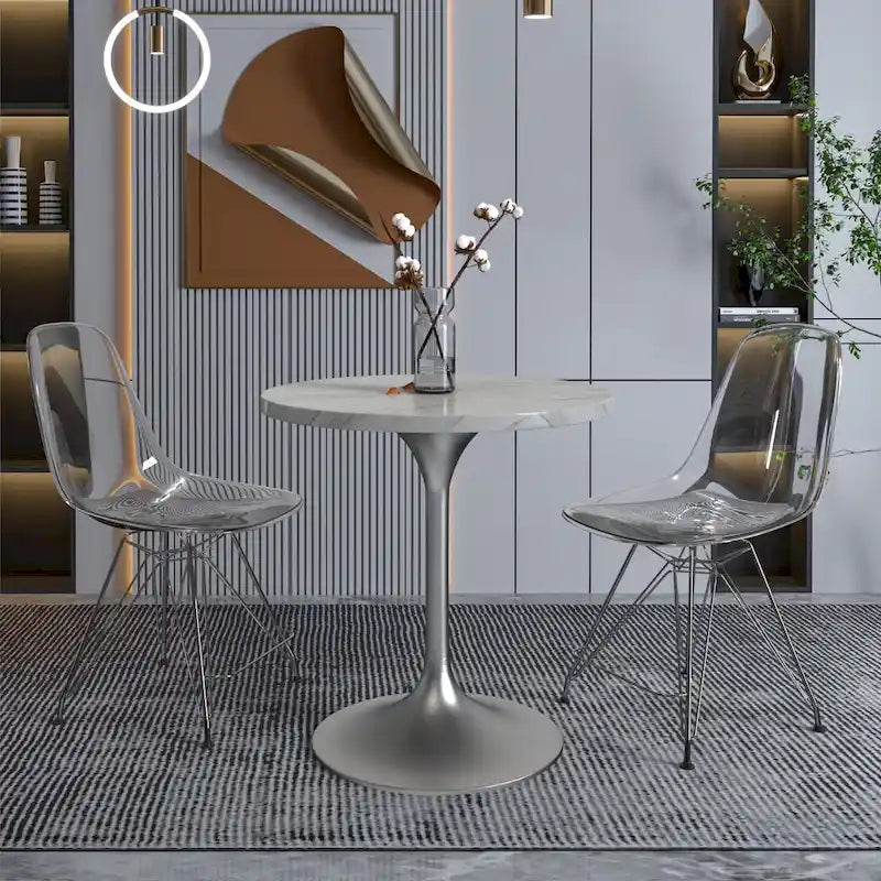 Grey / White / Black Round Sintered Stone Dining Table, Steel Pedestal Base