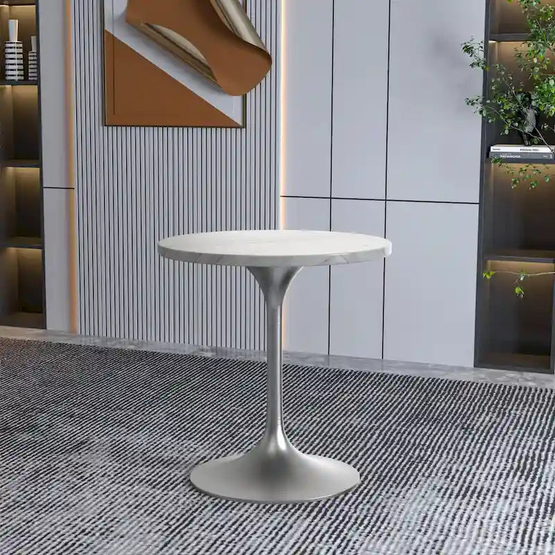 Grey / White / Black Round Sintered Stone Dining Table, Steel Pedestal Base