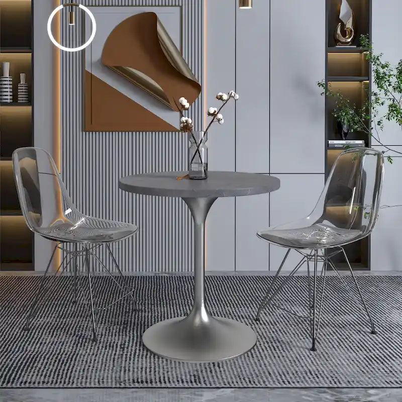 Grey / White / Black Round Sintered Stone Dining Table, Steel Pedestal Base
