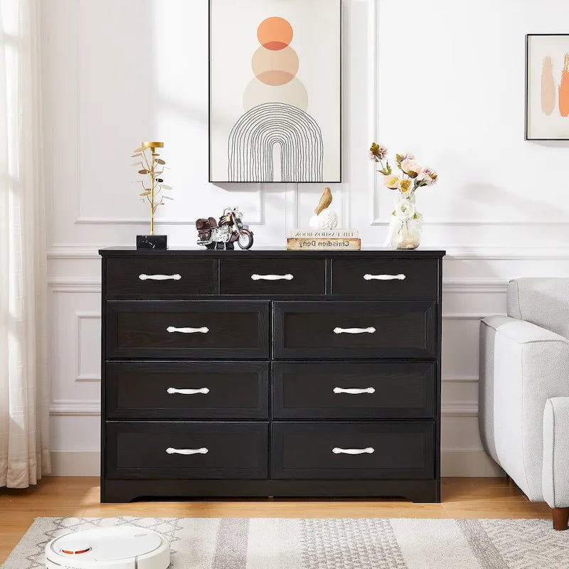 Black / White 9-Drawer Long Dresser, Farmhouse Style