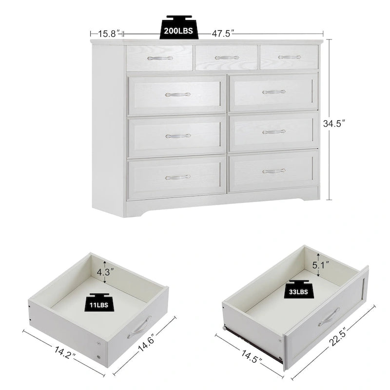 Black / White 9-Drawer Long Dresser, Farmhouse Style