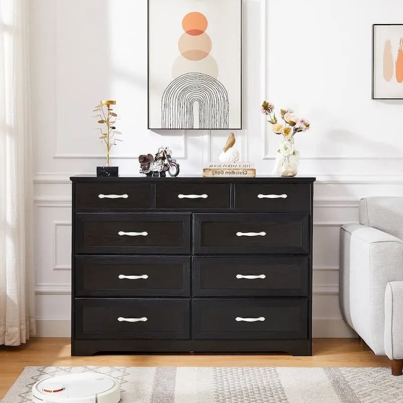 Black / White 9-Drawer Long Dresser, Farmhouse Style
