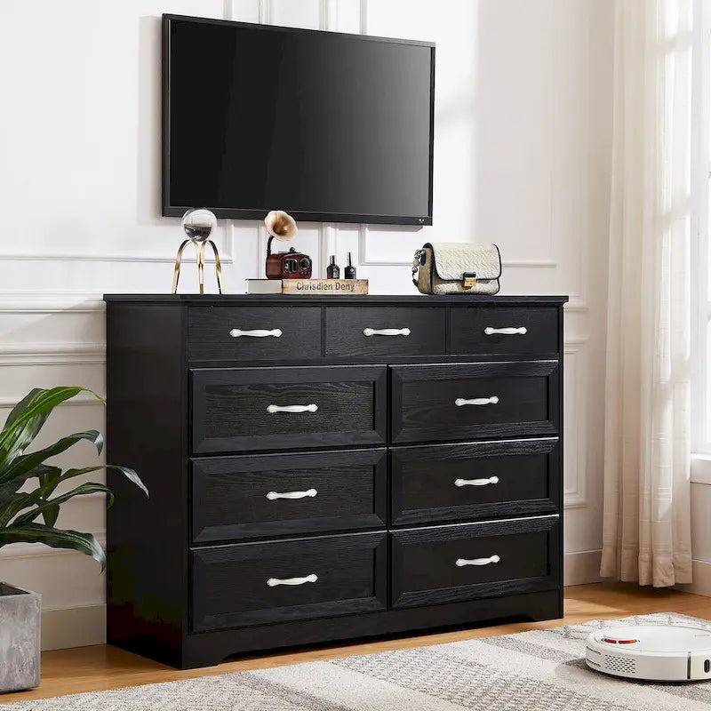 Black / White 9-Drawer Long Dresser, Farmhouse Style