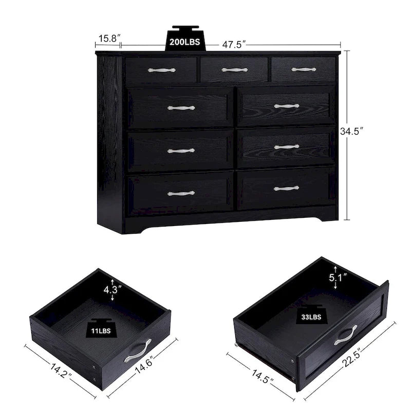 Black / White 9-Drawer Long Dresser, Farmhouse Style