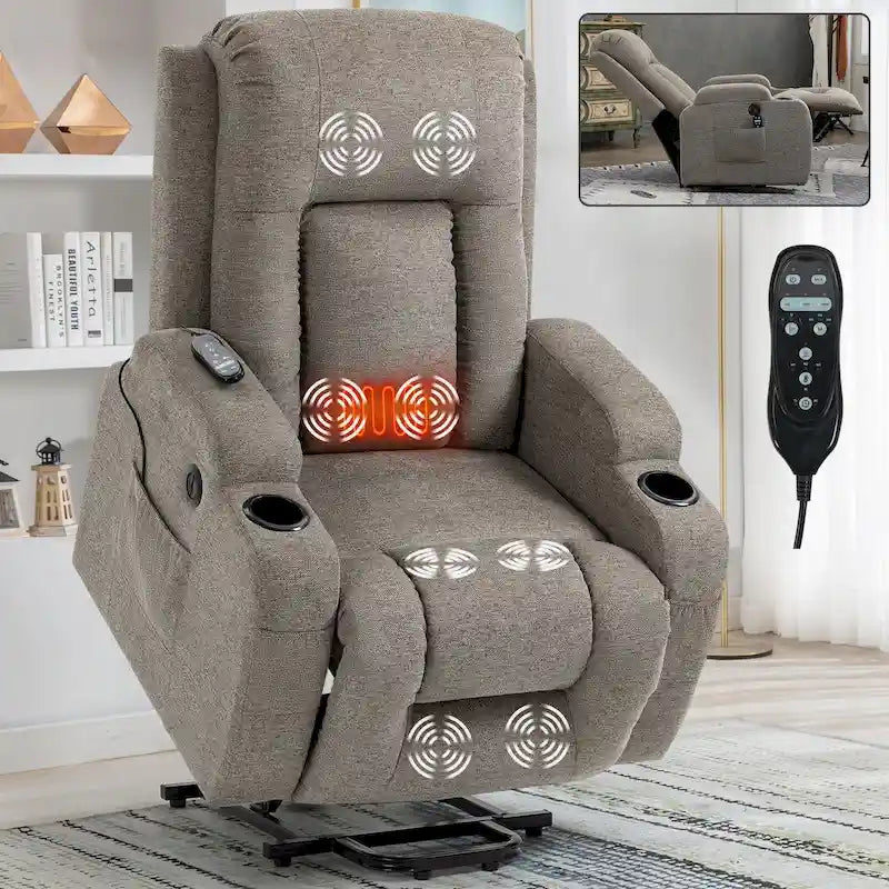 Fauteuil inclinable releveur électrique, Fauteuil de massage moderne à moteur unique avec chauffage lombaire, port de chargement USB, porte-gobelets