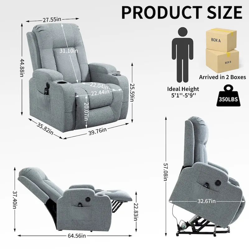 Fauteuil inclinable releveur électrique, Fauteuil de massage moderne à moteur unique avec chauffage lombaire, port de chargement USB, porte-gobelets
