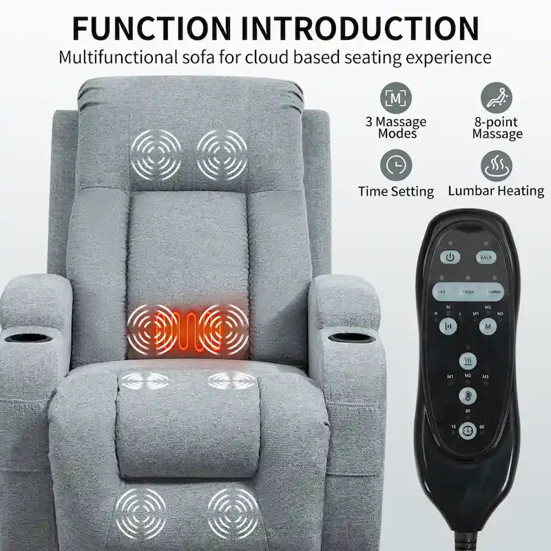 Fauteuil inclinable releveur électrique, Fauteuil de massage moderne à moteur unique avec chauffage lombaire, port de chargement USB, porte-gobelets
