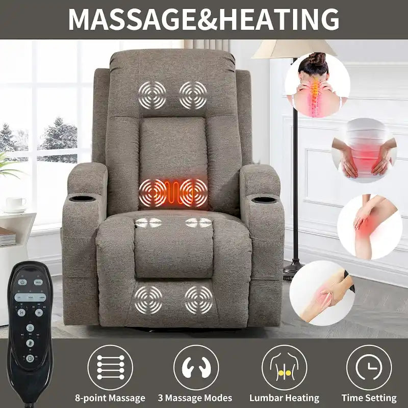 Fauteuil inclinable releveur électrique, Fauteuil de massage moderne à moteur unique avec chauffage lombaire, port de chargement USB, porte-gobelets