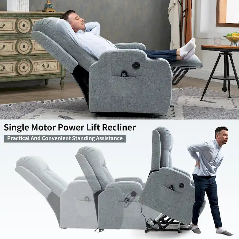 Fauteuil inclinable releveur électrique, Fauteuil de massage moderne à moteur unique avec chauffage lombaire, port de chargement USB, porte-gobelets