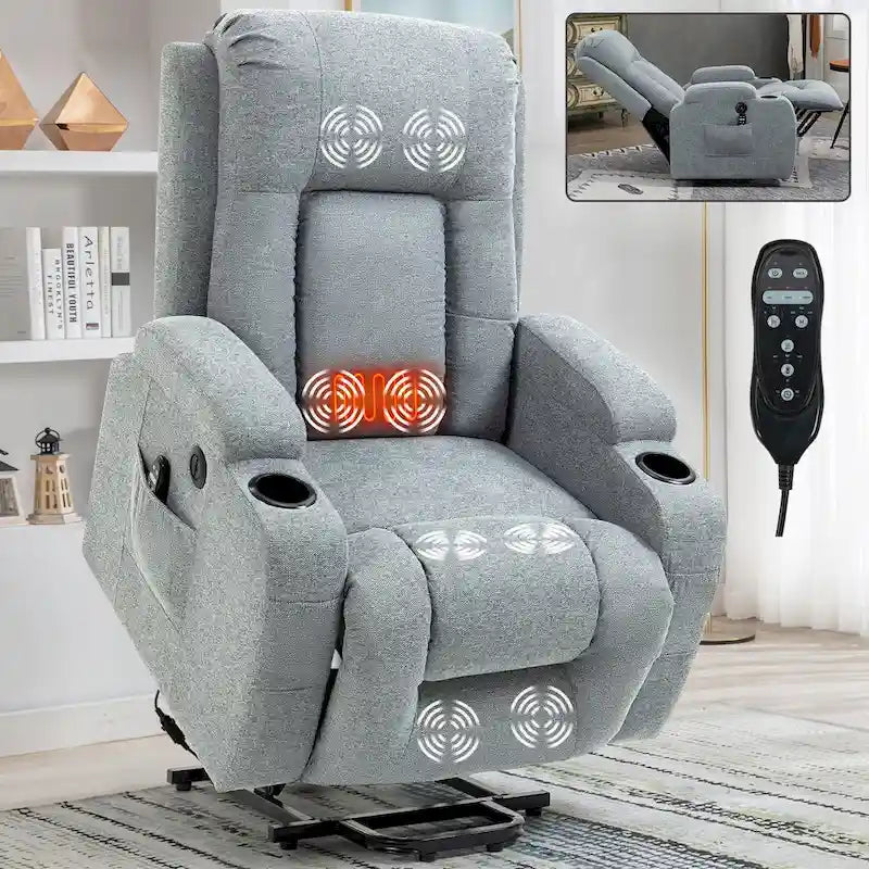 Fauteuil inclinable releveur électrique, Fauteuil de massage moderne à moteur unique avec chauffage lombaire, port de chargement USB, porte-gobelets
