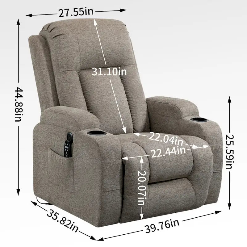 Fauteuil inclinable releveur électrique, Fauteuil de massage moderne à moteur unique avec chauffage lombaire, port de chargement USB, porte-gobelets