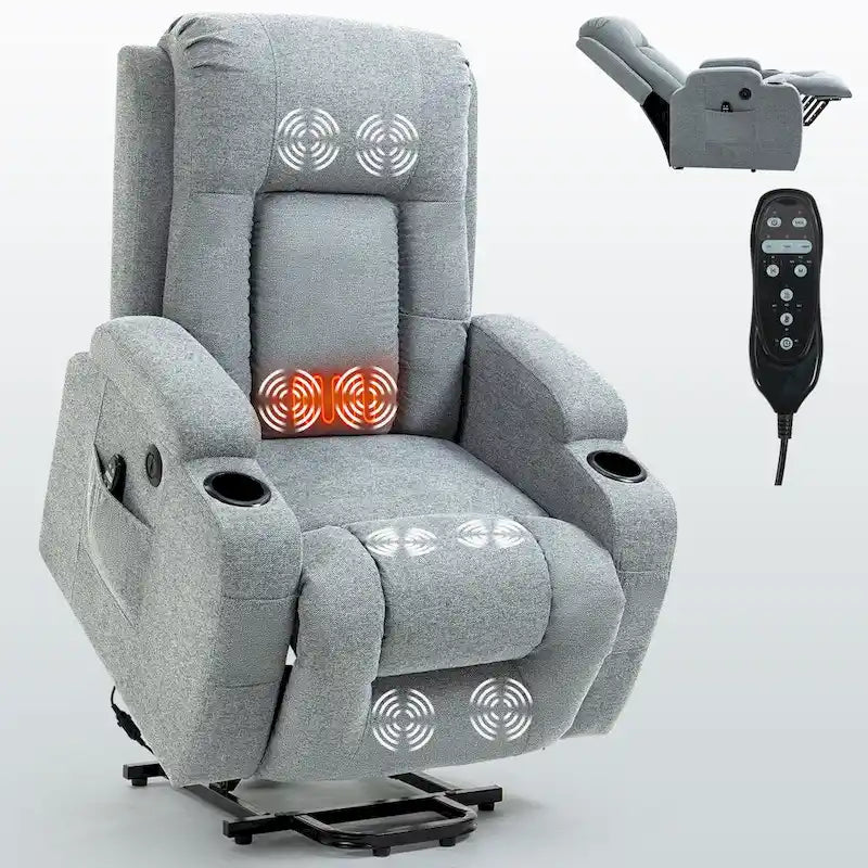 Fauteuil inclinable releveur électrique, Fauteuil de massage moderne à moteur unique avec chauffage lombaire, port de chargement USB, porte-gobelets